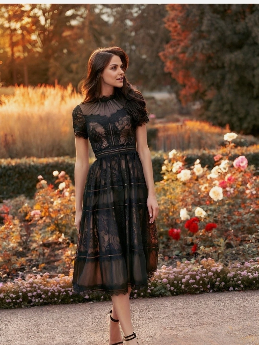 Women's Black Lace Midi Dress - Elegant Sheer Detail